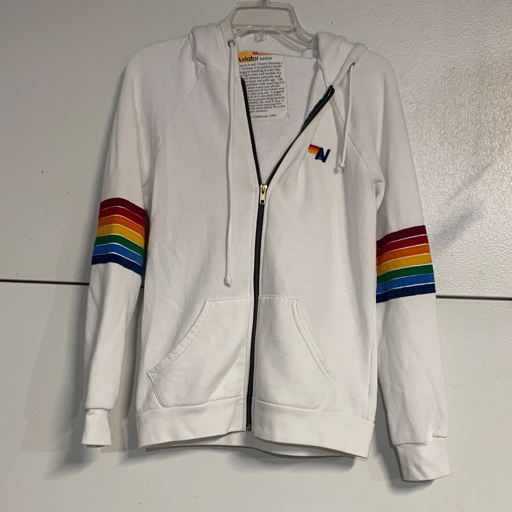AVIATOR NATION WOMENS ZIP UP HOODIE SWEATSHIRT WHITE MEDIUM - Picture 2 of 7